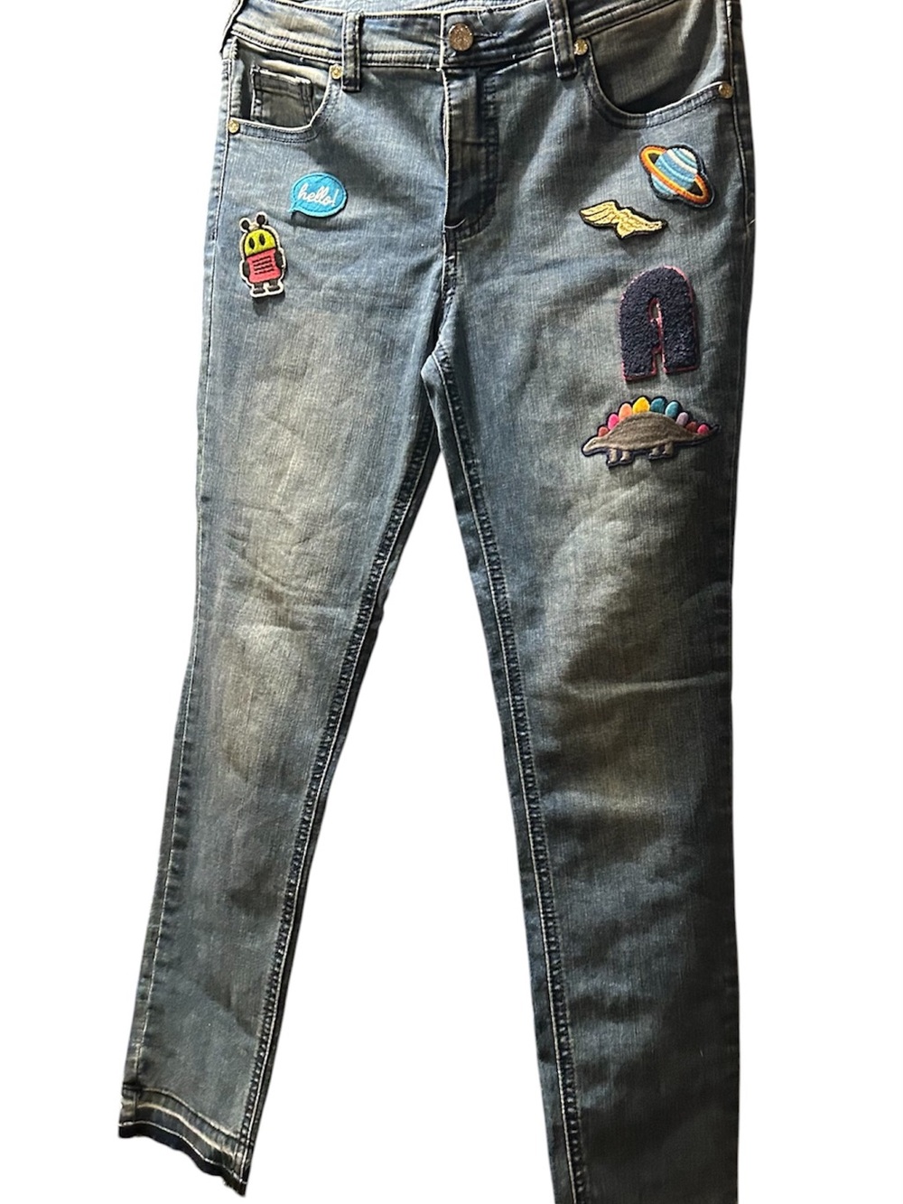 Blue denim jeans with patches, kids Size: 14 #denim #embellished